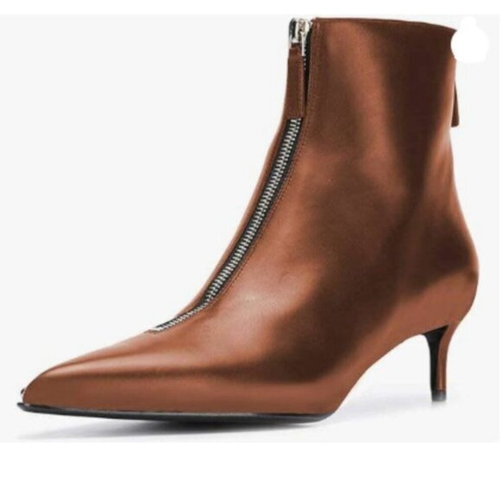 XYD Chocolate Front Rear Double Zips Ankle Boots Pointed Toe Stiletto Shoes